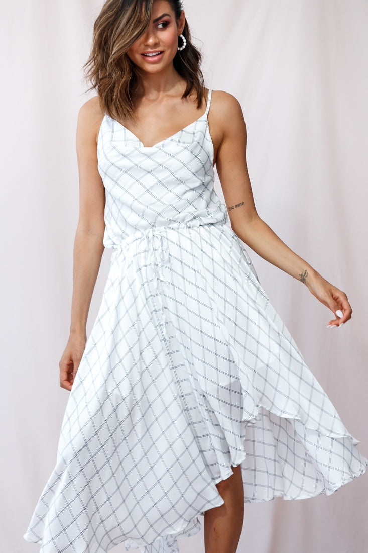 Ava Cowl Neck Drawstring Midi Dress Check Print White by Selfie Leslie