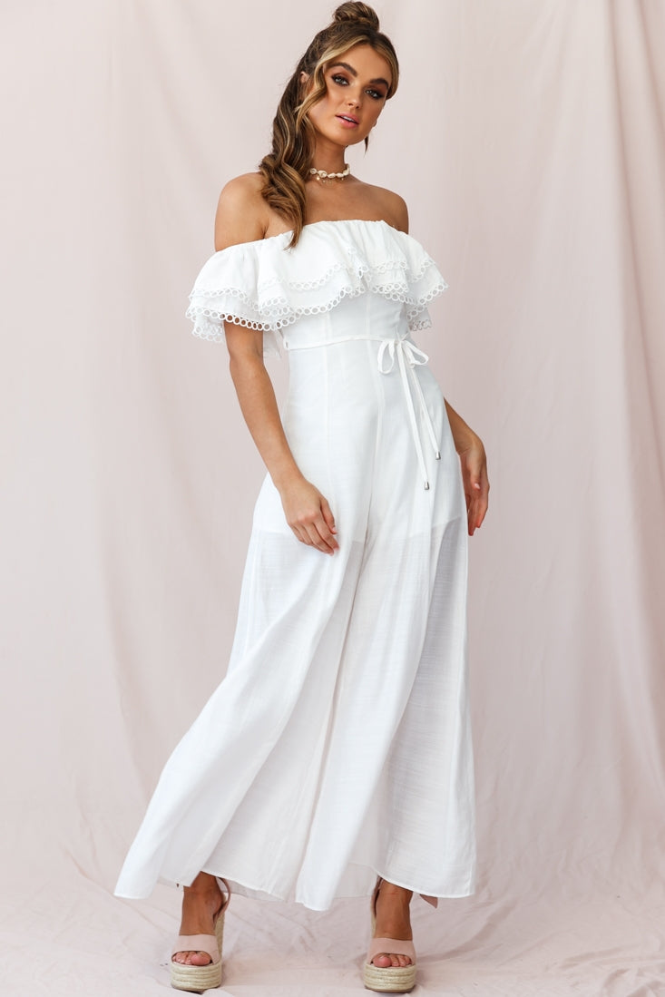 Beloved Off-Shoulder Wide Leg Jumpsuit White by Selfie Leslie