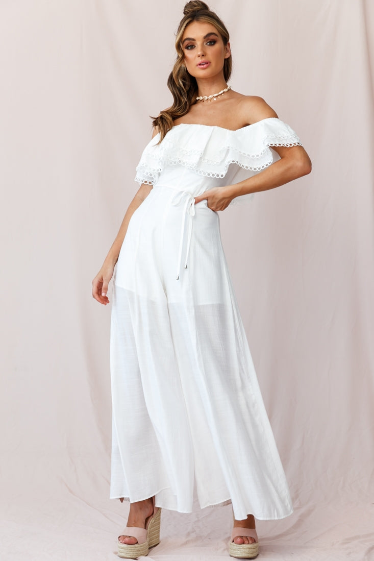 Beloved Off-Shoulder Wide Leg Jumpsuit White by Selfie Leslie