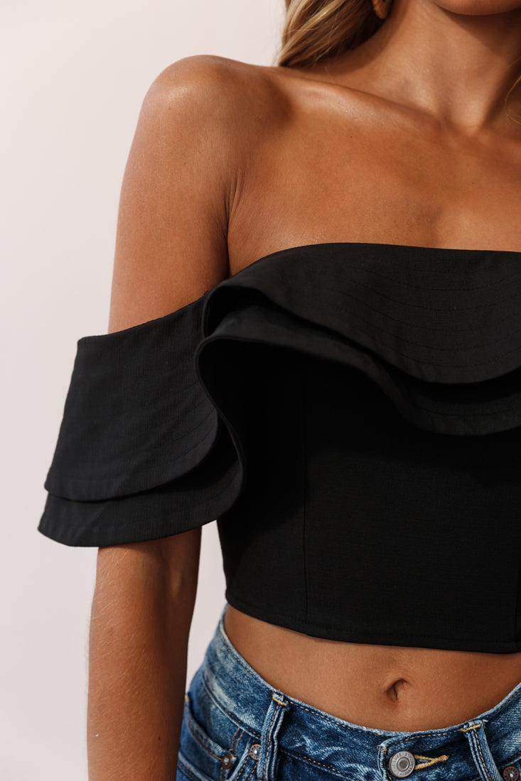 Missy Layered Ruffle Bardot Top Black by Selfie Leslie