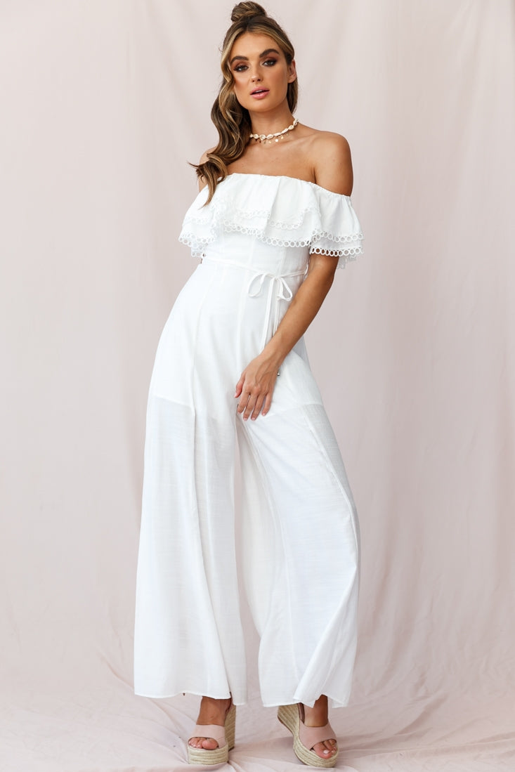 Beloved Off-Shoulder Wide Leg Jumpsuit White by Selfie Leslie