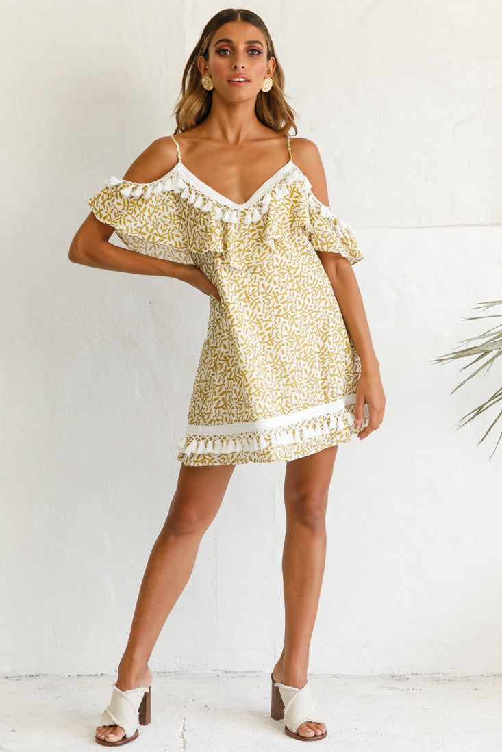 Hayman Cold-Shoulder Tassel Trim Dress Mustard Print by Selfie Leslie