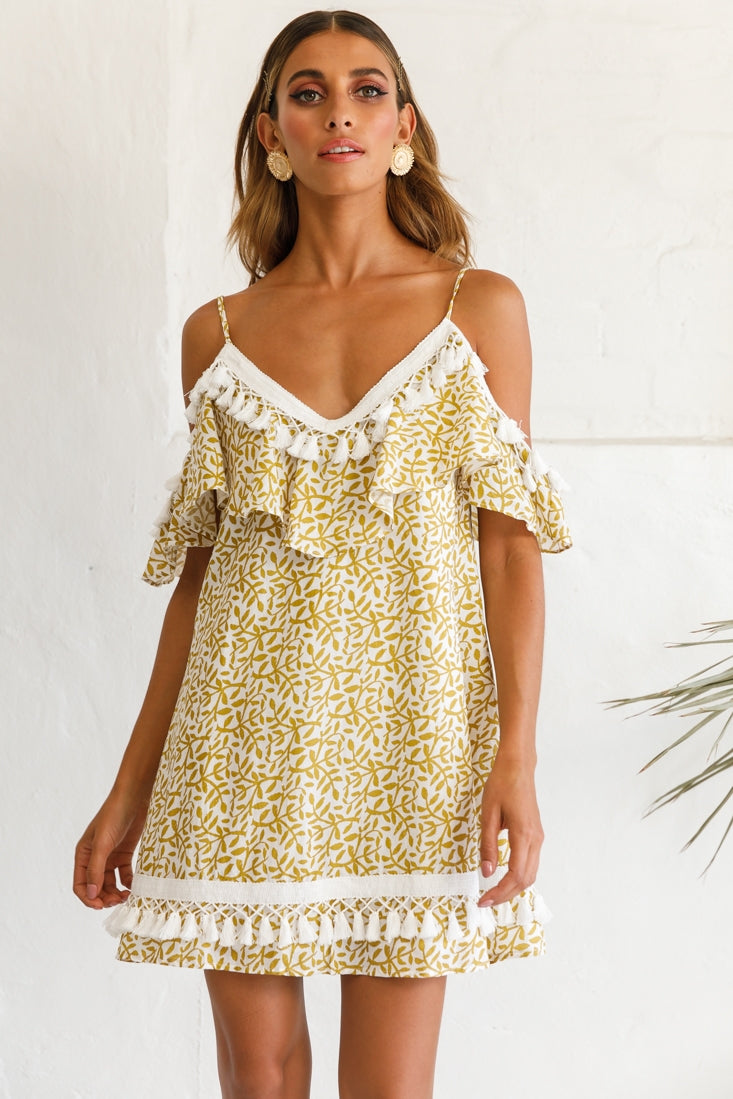 Hayman Cold-Shoulder Tassel Trim Dress Mustard Print by Selfie Leslie