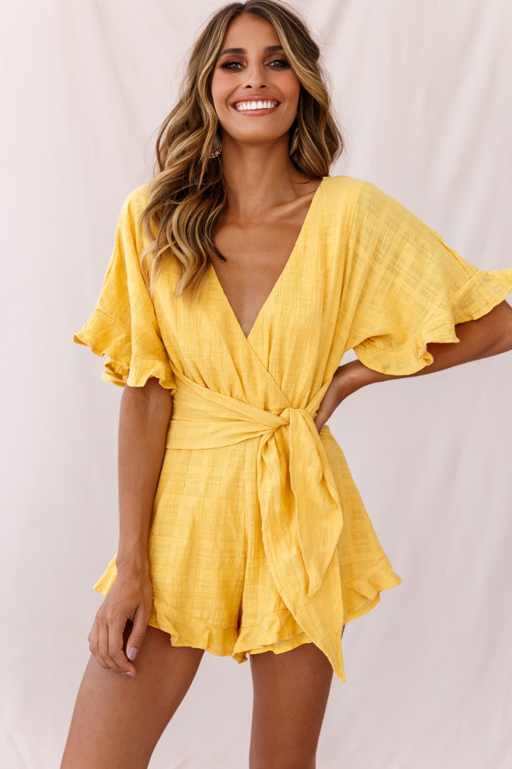 Karin Frill Trim Waist Tie Romper Mustard by Selfie Leslie
