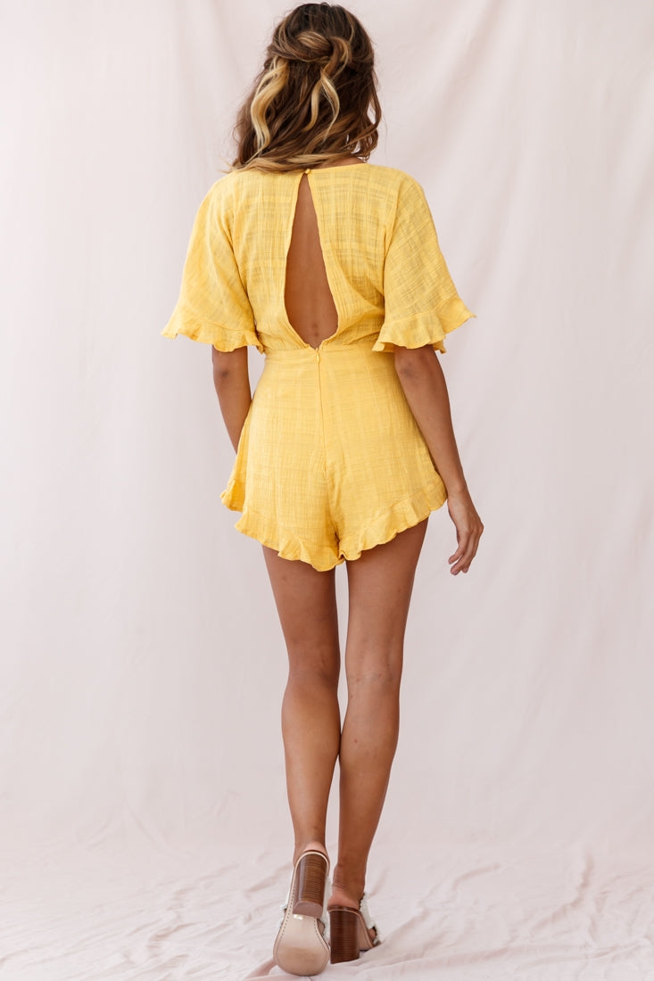 Karin Frill Trim Waist Tie Romper Mustard by Selfie Leslie