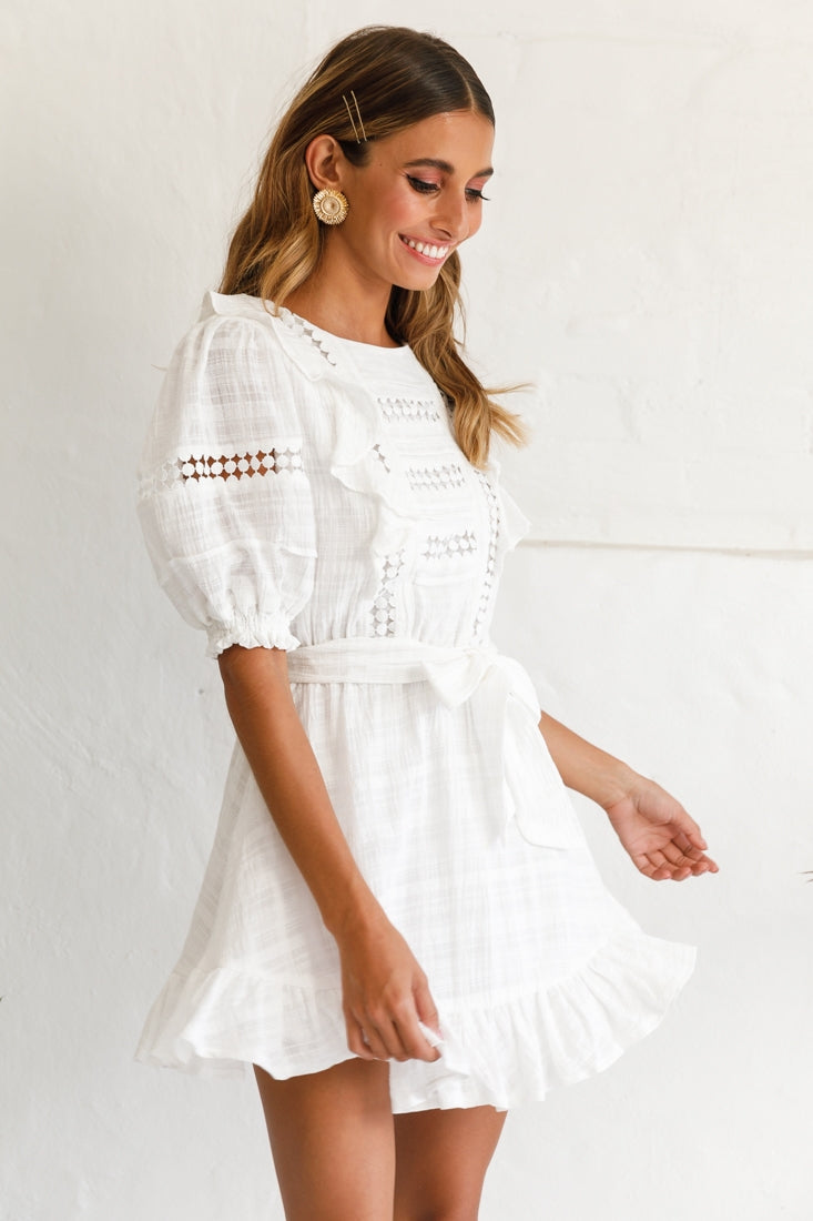 Delia Puff Sleeve Crochet Detail Dress White by Selfie Leslie