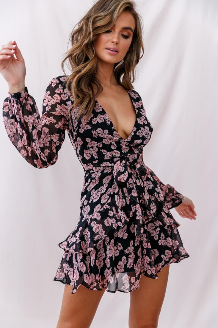 Kerry Layered Balloon Sleeve Dress Black/Pink by Selfie Leslie