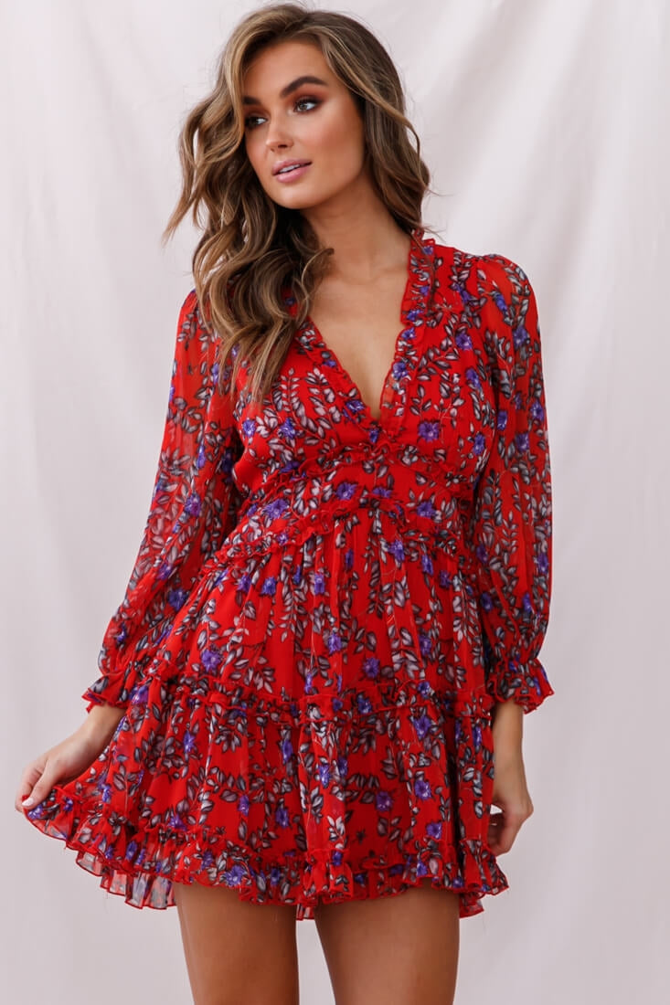 Laney Cutout Back Ruffle Trim Dress Red Floral by Selfie Leslie