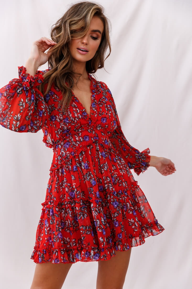 Laney Cutout Back Ruffle Trim Dress Red Floral by Selfie Leslie