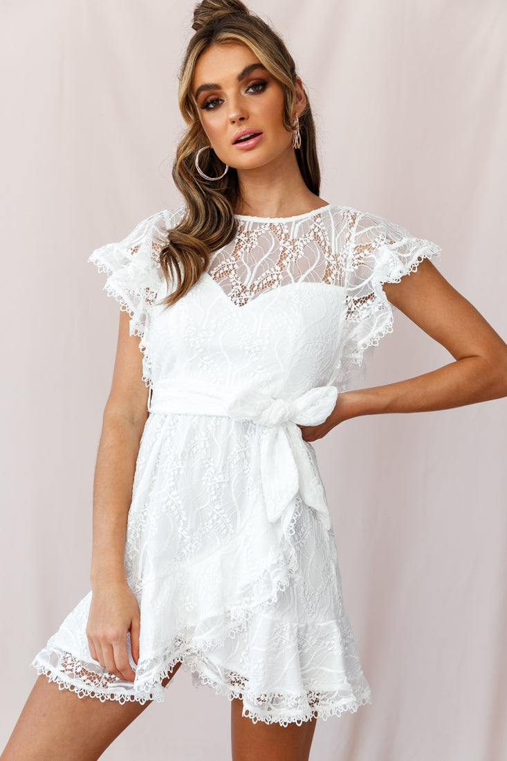 Taya Ruffle Shoulder Waist Tie Dress White Lace by Selfie Leslie