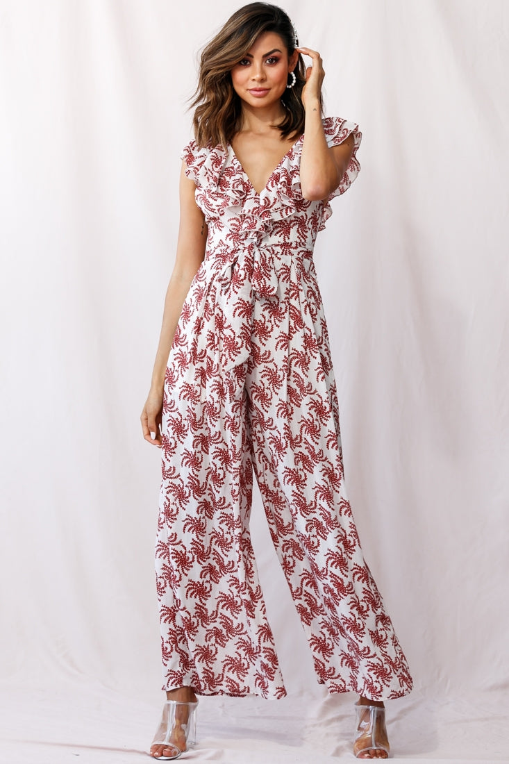 Marcia Ruffle Strap Wide Leg Jumpsuit Floral Print Beige by Selfie Leslie