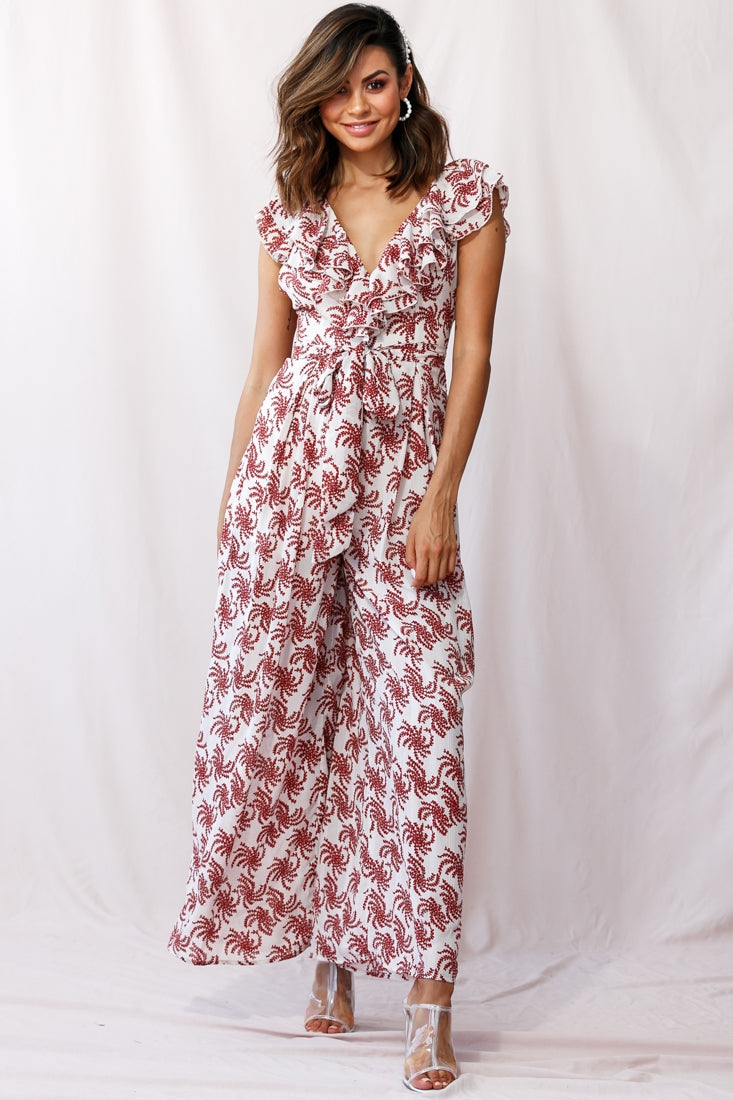 Marcia Ruffle Strap Wide Leg Jumpsuit Floral Print Beige by Selfie Leslie