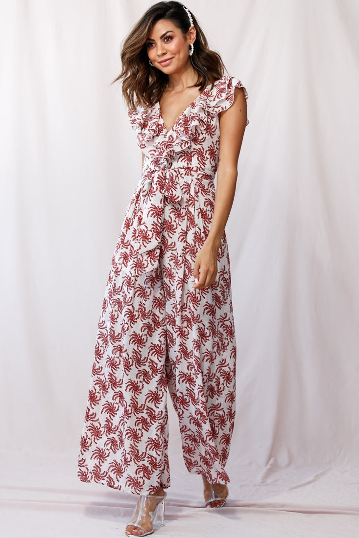Marcia Ruffle Strap Wide Leg Jumpsuit Floral Print Beige by Selfie Leslie