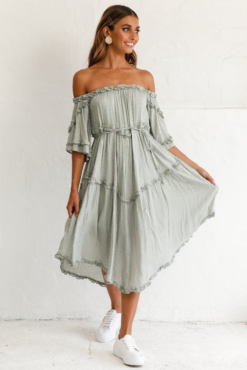 raie frill shoulder midi dress Raie Frill Shoulder Midi Dress