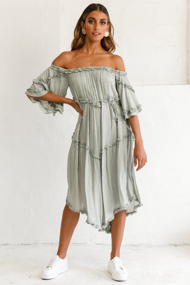 Renoir Off-Shoulder Frill Trim Midi Dress Olive by Selfie Leslie
