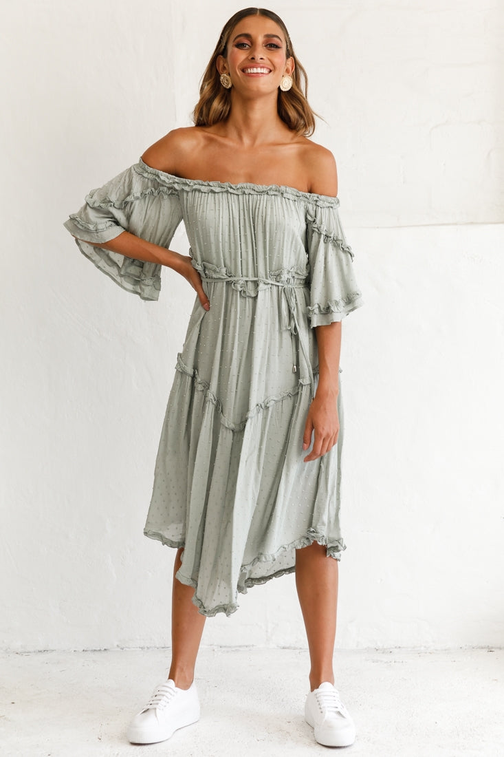 Renoir Off-Shoulder Frill Trim Midi Dress Olive by Selfie Leslie