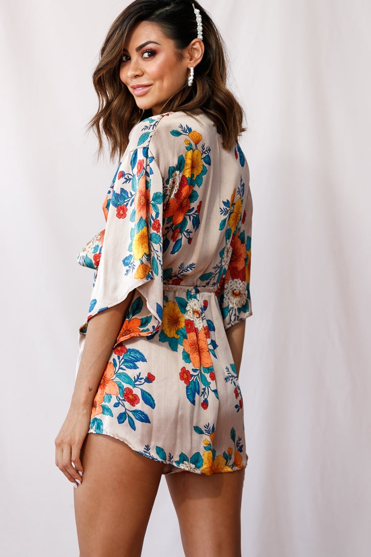 Rivera Tie-Knot Bell Sleeve Romper Mocha by Selfie Leslie