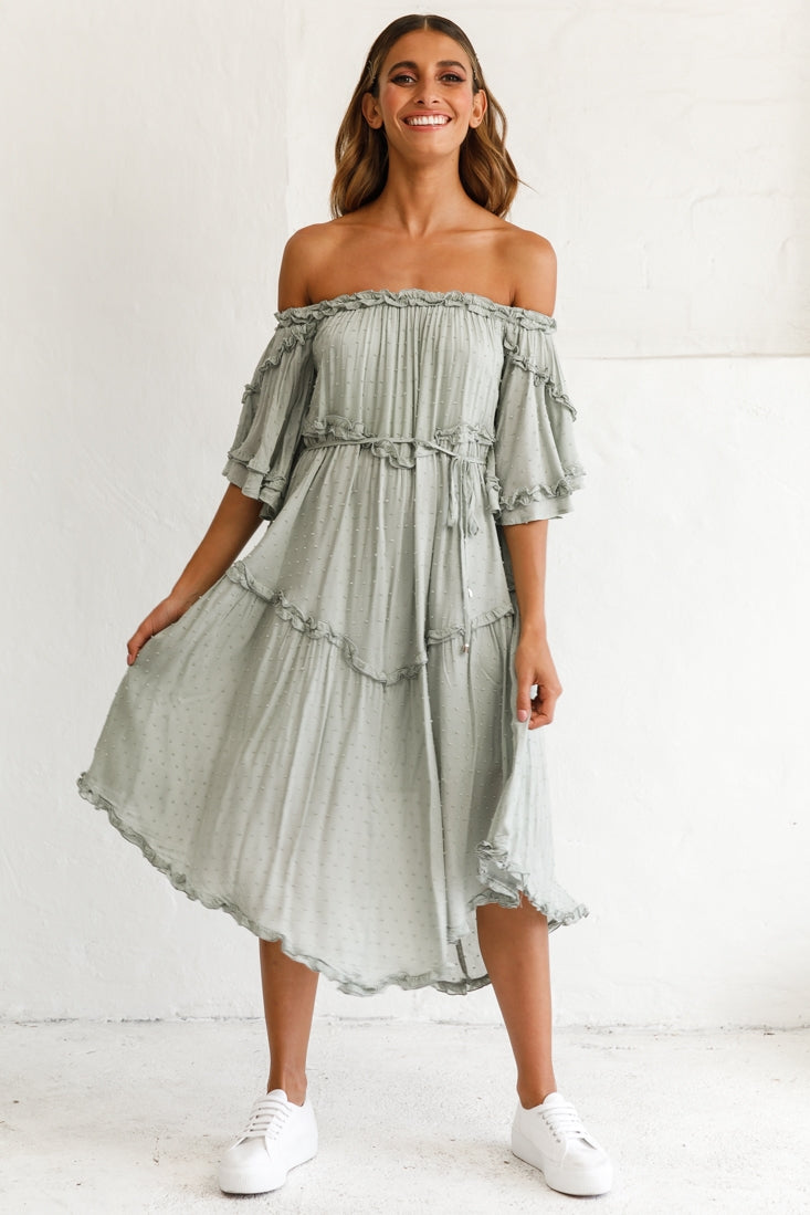 Renoir Off-Shoulder Frill Trim Midi Dress Olive by Selfie Leslie