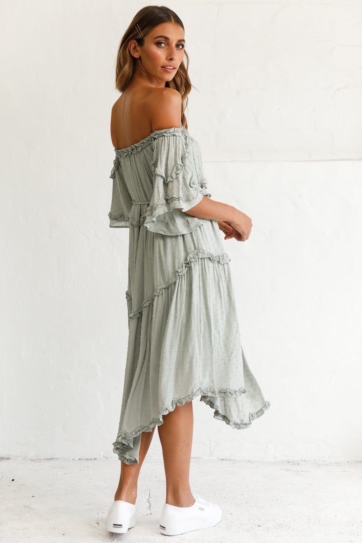 Renoir Off-Shoulder Frill Trim Midi Dress Olive by Selfie Leslie