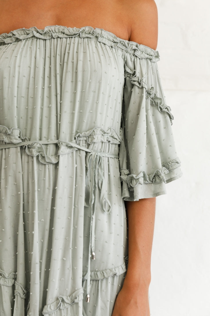 Renoir Off-Shoulder Frill Trim Midi Dress Olive by Selfie Leslie