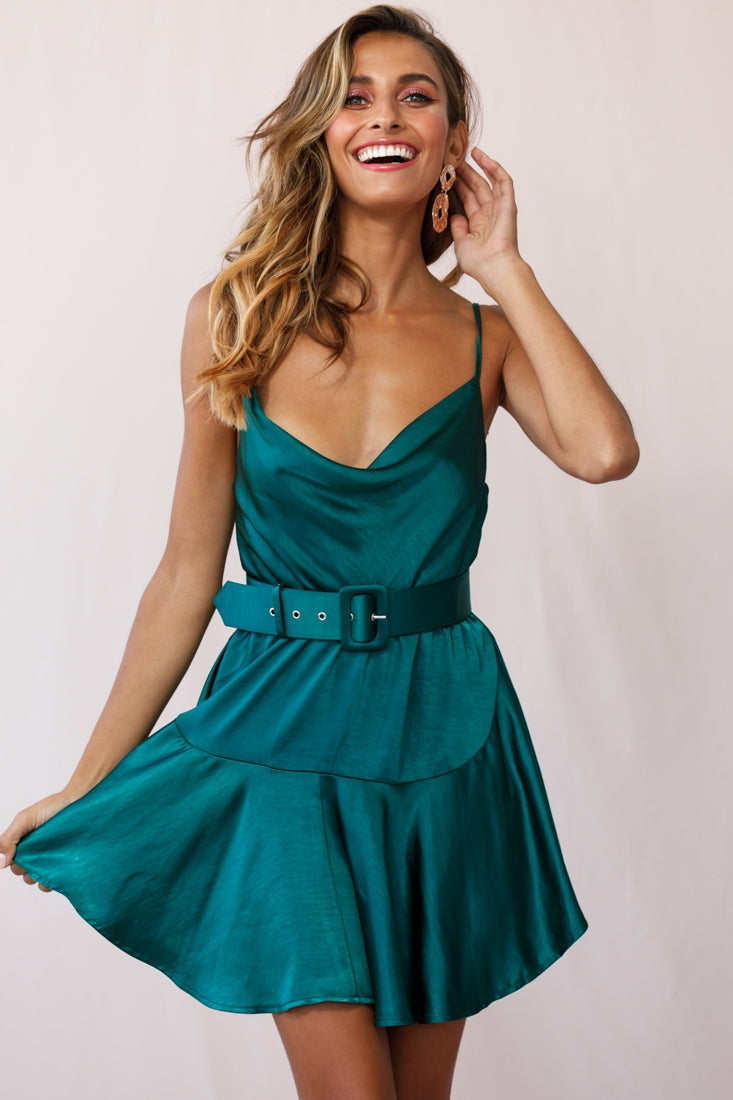 Agent 99 Belted Satin Cowl Neck Dress Forest Green– Selfie Leslie