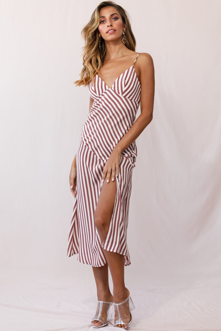 Downtown Cami Strap Front Split Midi Dress Stripe Print Rose by Selfie Leslie