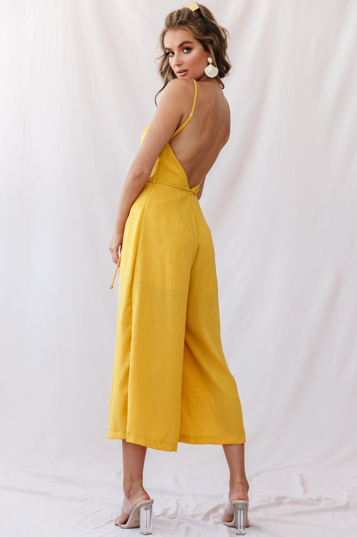 Brighton Low Back Wide Leg Jumpsuit Mustard by Selfie Leslie