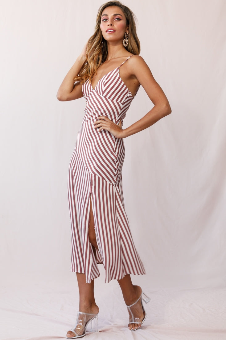 Downtown Cami Strap Front Split Midi Dress Stripe Print Rose by Selfie Leslie
