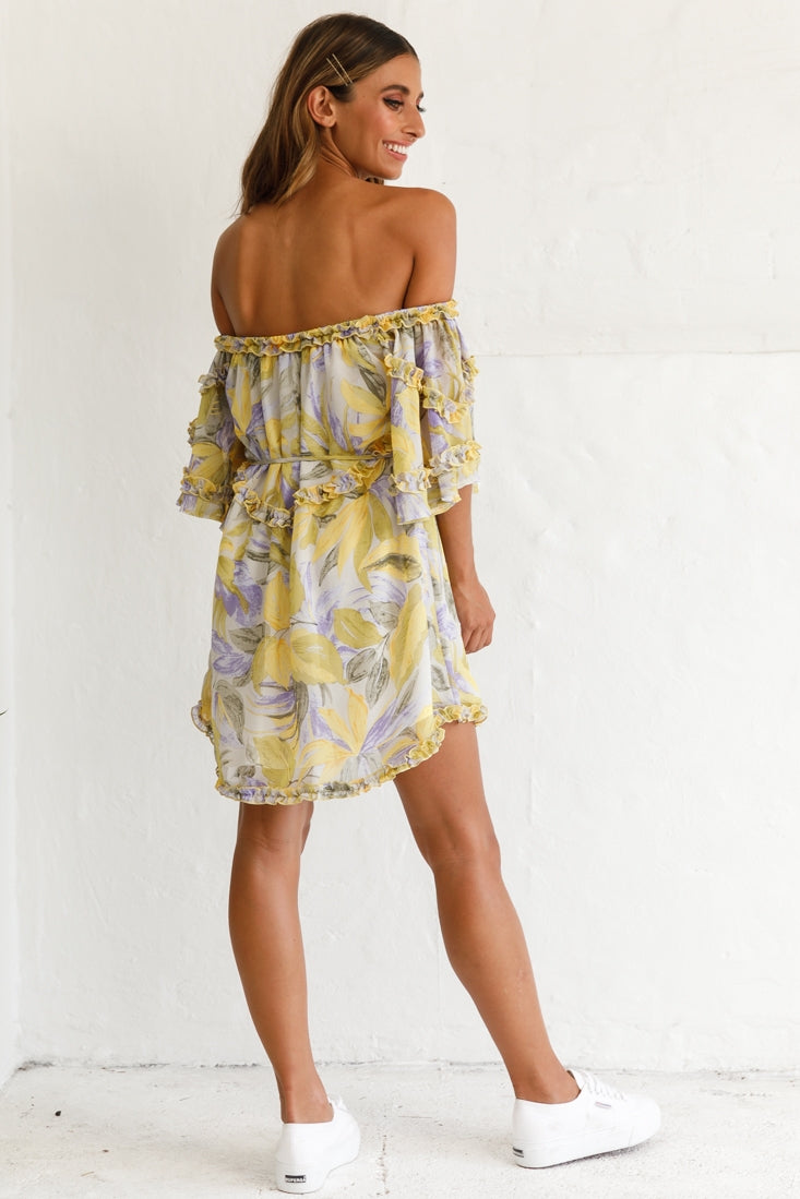 Adriel Off-Shoulder Frill Detail Dress Leaf Print White/Yellow by Selfie Leslie