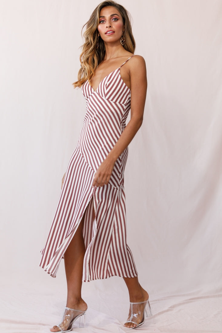Downtown Cami Strap Front Split Midi Dress Stripe Print Rose by Selfie Leslie