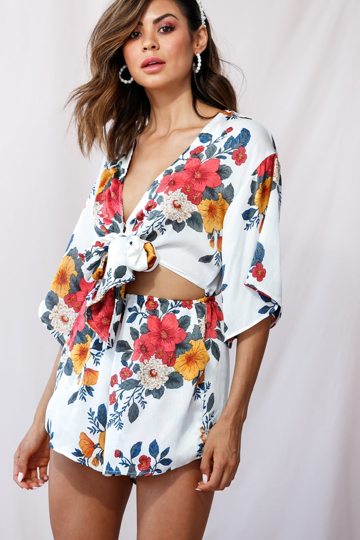 Rivera Tie-Knot Bell Sleeve Romper White by Selfie Leslie