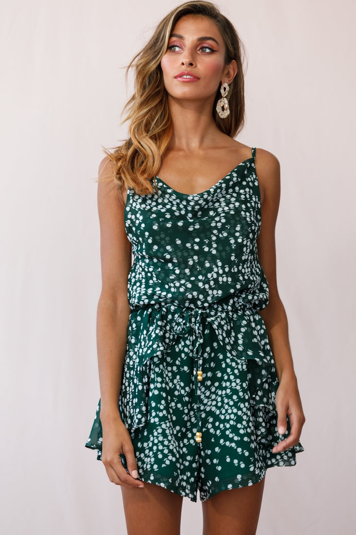 Newport Cowl Neck Drawstring Waist Floral Print Romper Forest Green by Selfie Leslie