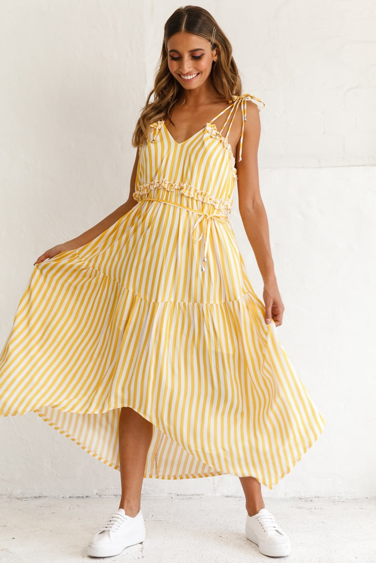 Santa Monica String Tie Maxi Dress Stripe Print Mustard by Selfie Leslie