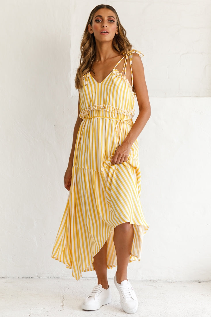 Santa Monica String Tie Maxi Dress Stripe Print Mustard by Selfie Leslie