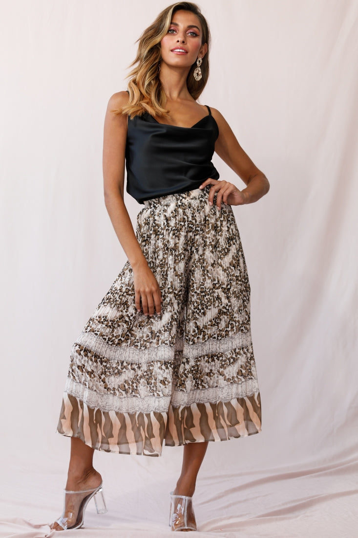 Gemini Accordion Pleat Wide Leg Pants Brown Leopard by Selfie Leslie