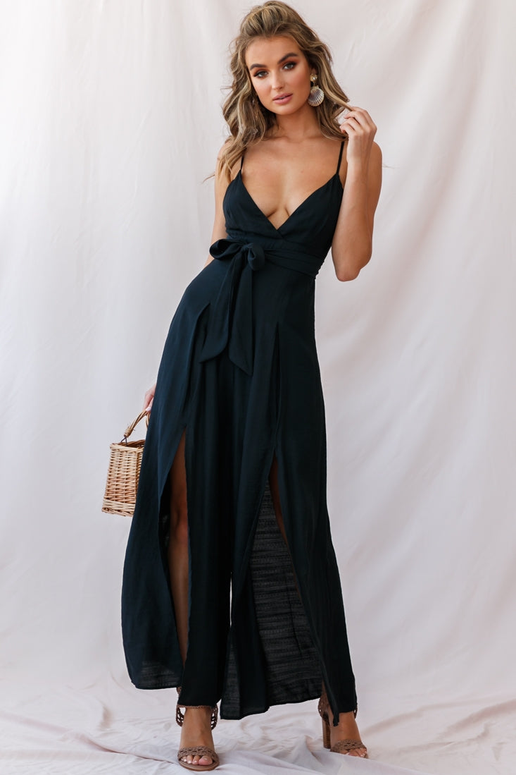 Taylor V-Neck Split Wide Leg Jumpsuit Black by Selfie Leslie