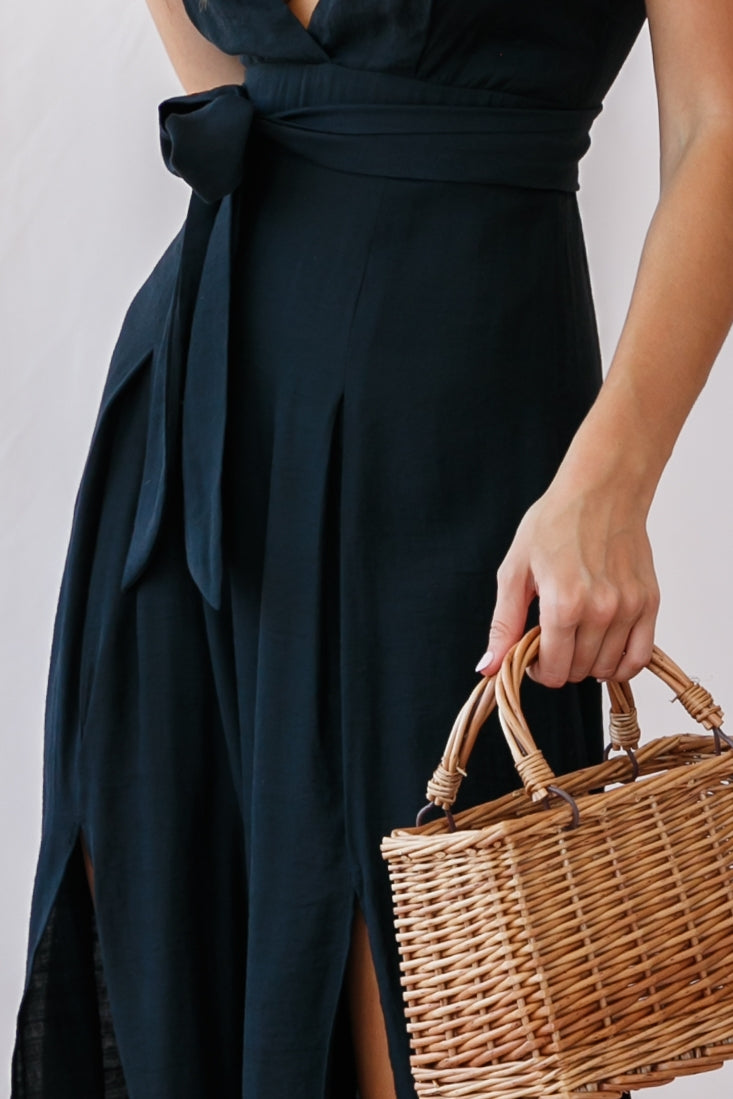 Taylor V-Neck Split Wide Leg Jumpsuit Black by Selfie Leslie