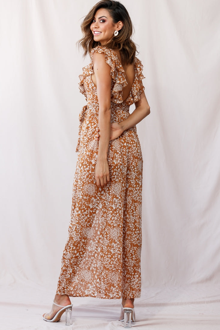 Marcia Ruffle Strap Wide Leg Jumpsuit Tan by Selfie Leslie