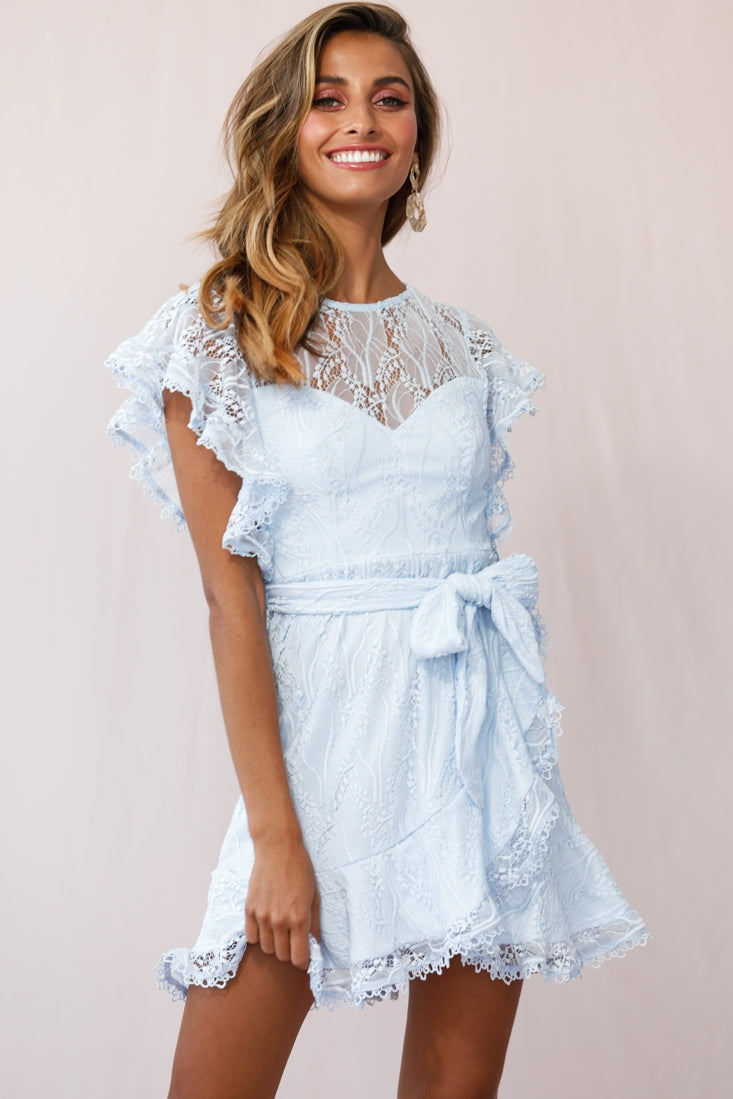Taya Ruffle Shoulder Waist Tie Dress Steel Blue by Selfie Leslie