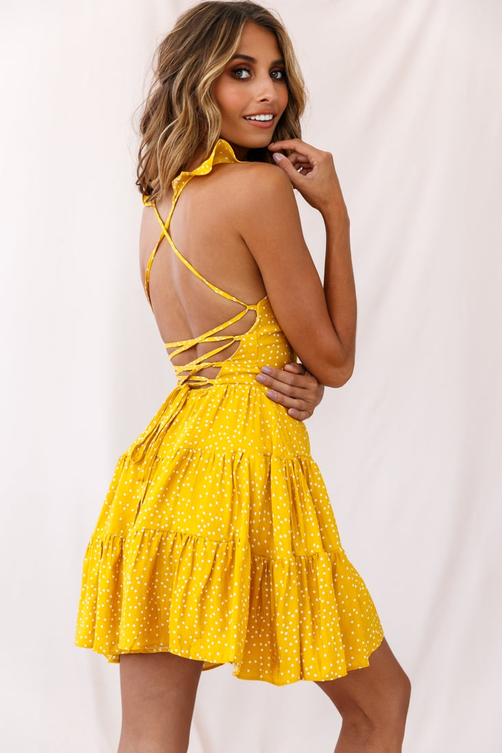 Allegra Fluted Hem Lace-Up Back Dress Yellow by Selfie Leslie