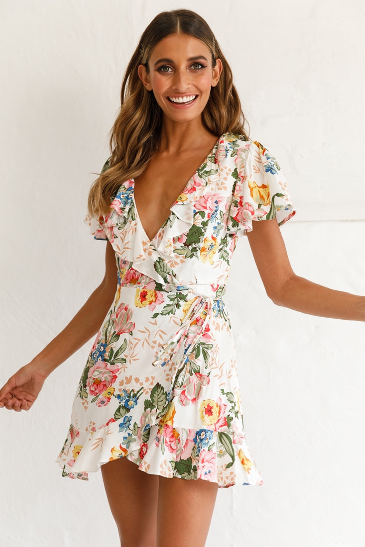 Love Story Angel Sleeve Wrap Dress Floral Print White by Selfie Leslie