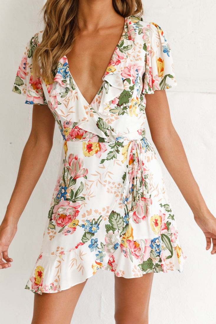 Love Story Angel Sleeve Wrap Dress Floral Print White by Selfie Leslie