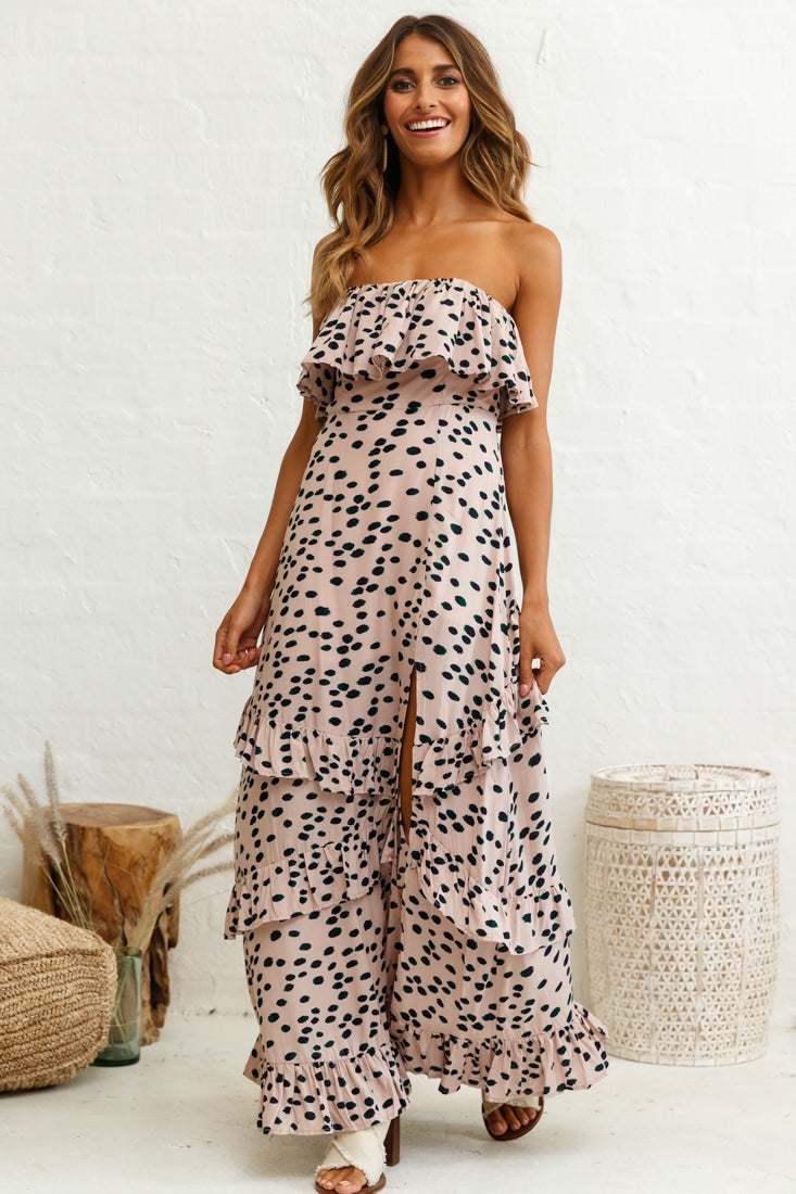 Zulu Frill Bust Front Split Maxi Dress Animal Print Mocha by Selfie Leslie