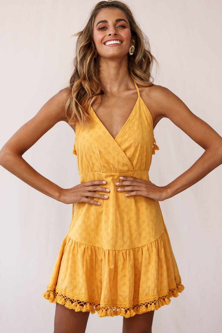 Lazy Days Tied Back Tassel Trim Dress Mustard by Selfie Leslie
