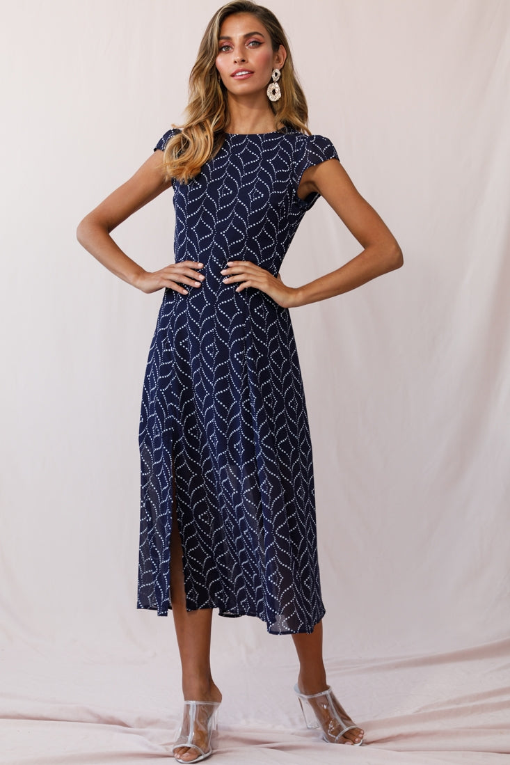 Becky Cap Sleeve Crew Neck Midi Dress Dot Print Navy by Selfie Leslie