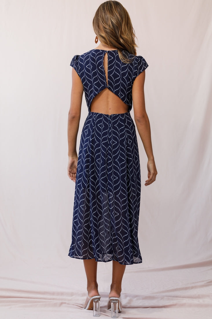Becky Cap Sleeve Crew Neck Midi Dress Dot Print Navy by Selfie Leslie