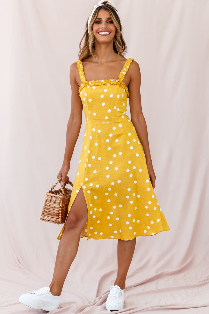 Magdalene Frill Strap A-Line Midi Dress Yellow Mustard by Selfie Leslie
