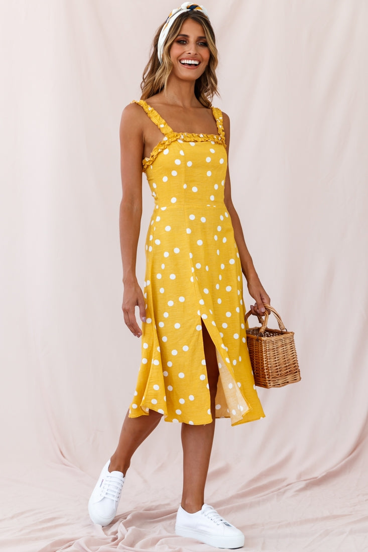 Magdalene Frill Strap A-Line Midi Dress Yellow Mustard by Selfie Leslie