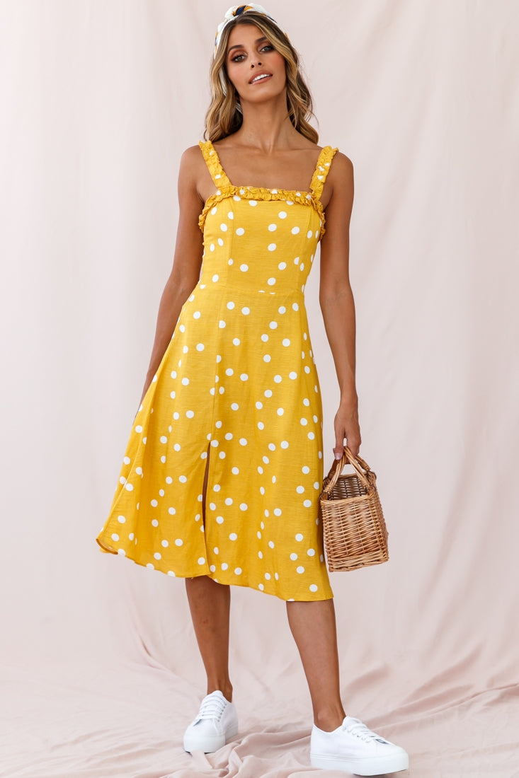 Magdalene Frill Strap A-Line Midi Dress Yellow Mustard by Selfie Leslie
