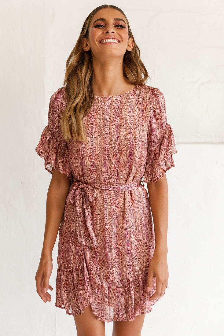 Azealia Ruffle Hem Dress Diamond Print Wine by Selfie Leslie